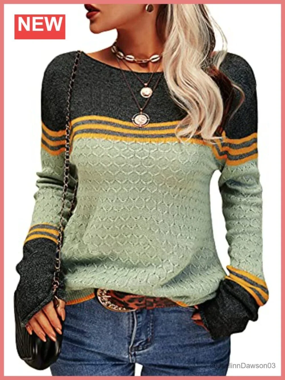Grlasen Women's Colorblock Pullover Knit Sweater Round Neck Slim Fit
